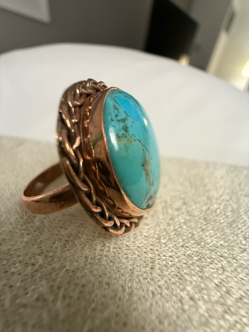 #8 Turquoise Large Stone Copper Ring Sz 8.5